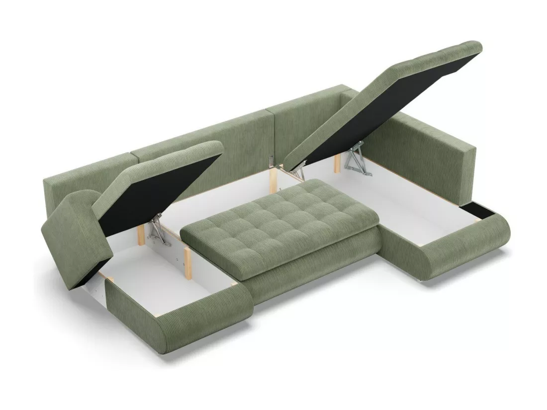 Canapé d'angle en U avec fonction sommeil, Ottoman, Cord - Vert
