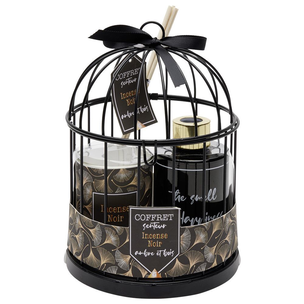 Coffret diffuseur et bougie dans cage en métal