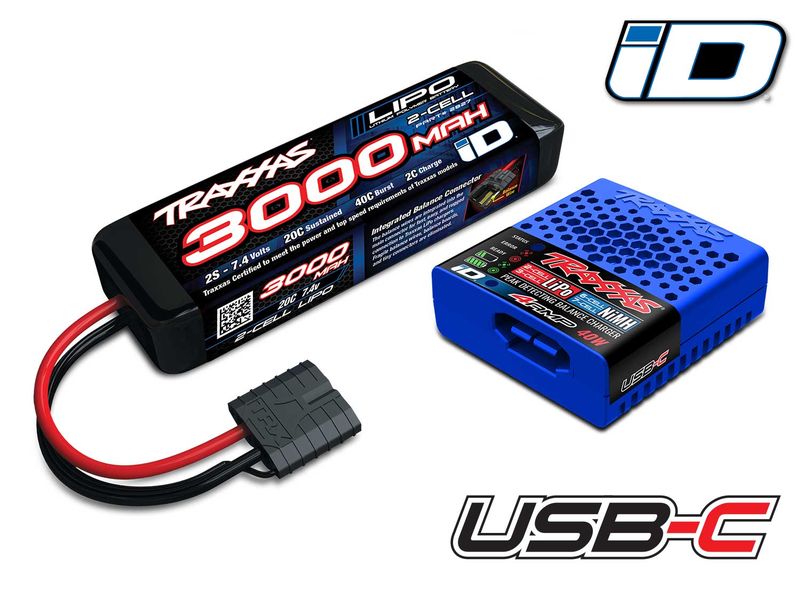 Traxxas USB-Ladegerät Combo EZ-Peak 40W 2S 3000 mAh LiPo USB-C Ladegerät mit 2S LiPo Akku für Traxxas Modelle