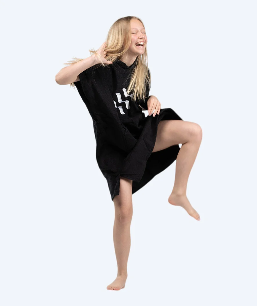 Watery badeponcho til junior - Bomuld - Sort