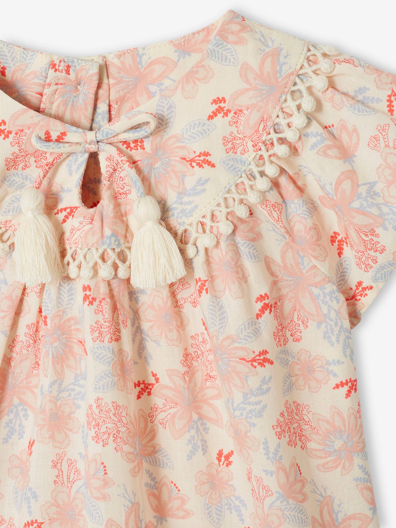 Vestido curto de manga curta com estampa floral off-white para bebê