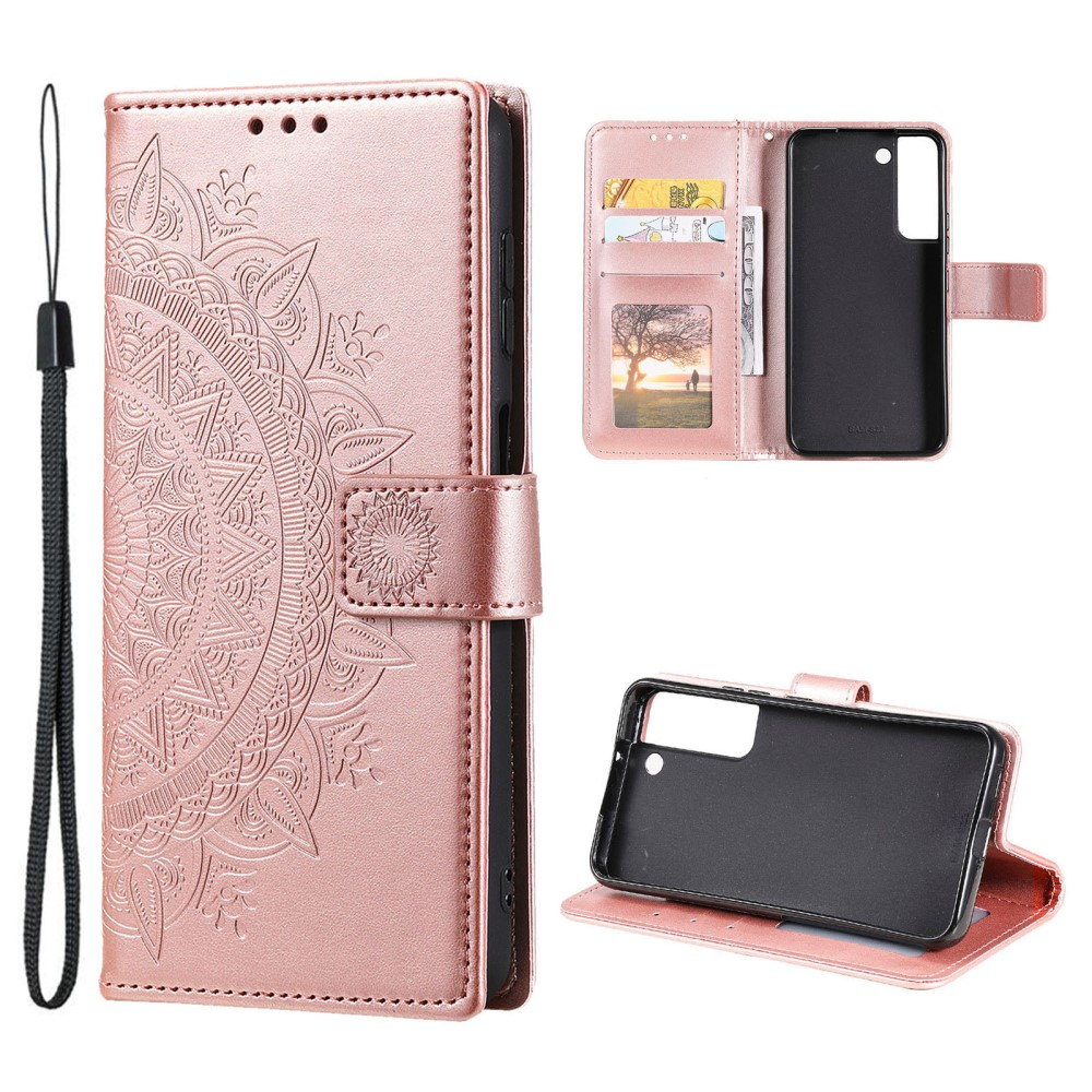 Samsung Galaxy S22 5G Leder Tasche Wallet - Mandala Flowers Imprint - Roségold