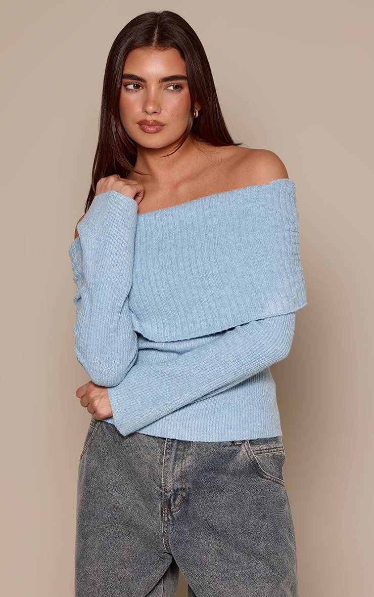 Bleu Poudré Synthétiquell En Maille À Encolure Bardot Rabattue