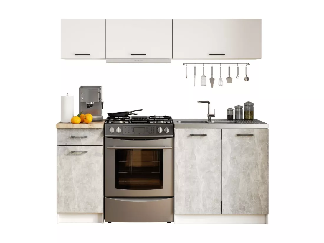 Ensemble De Cuisine AKORD OLIWIA G1 Blanc 180 cm 6 portes 1 tiroir façade Béton 6 étagères 180x46x174 cm