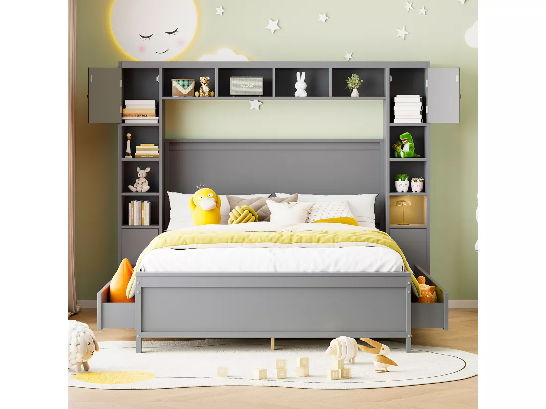Lit 140 x 200 cm avec 4 tiroirs et rangement - Bois massif - Décor gris - CONAN