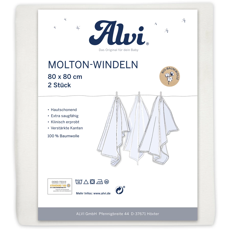 Alvi® Molton-Windeln 2er Pack weiß 80 x 80 cm