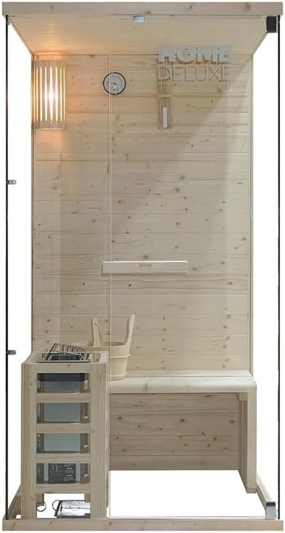 Home Deluxe - Traditionelle Sauna ARUNA S - Maße: ca. 100 cm × 110 cm × 190 cm, Holz: Fichtenholz, 8 mm klares Sicherheitsglas - inkl. Saunaofen und Saunazubehör