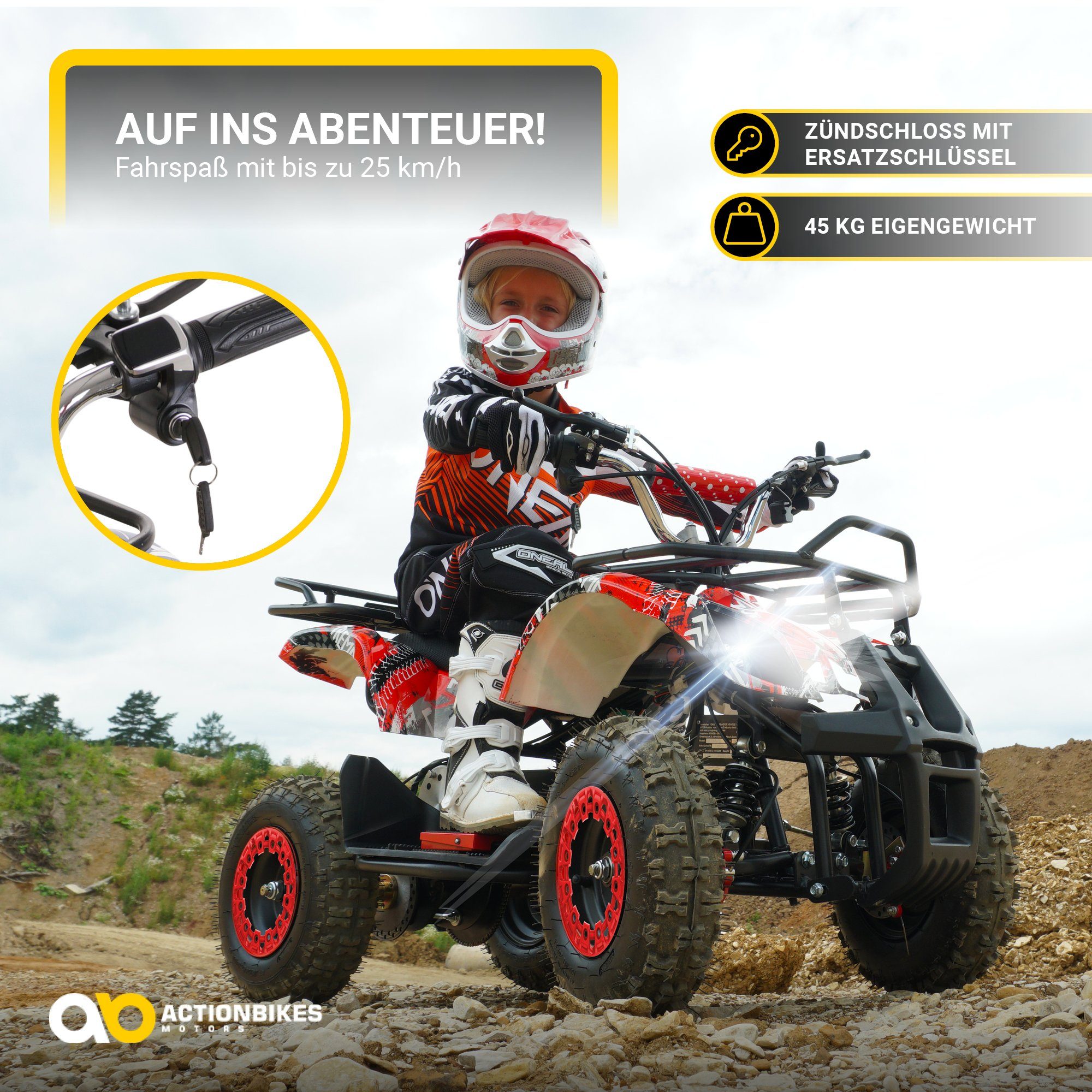 Quadriciclo elétrico infantil Actionbikes Motors Torino ATV 1000 W 36 V, capacidade de carga 50 kg (1 unidade), quadriciclo de bolso - toque de segurança - freio a disco perfurado - até 25 km/h