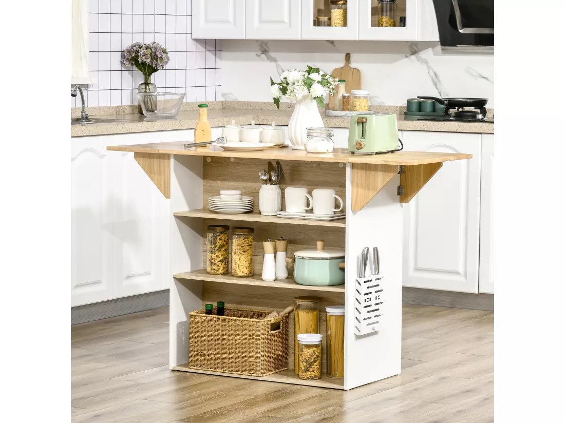 Ilot central de cuisine avec rangements plan de travail rabattable 2 étagères 140L x 55l x 91H cm blanc et aspect chêne clair