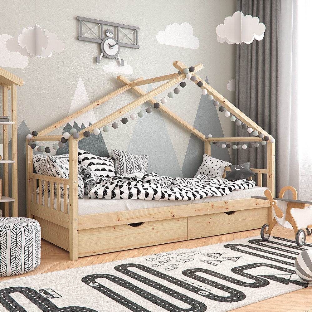 VitaliSpa Kinderbett Hausbett Kinderhaus Design NAT Lattenrost 90x200 Schublade