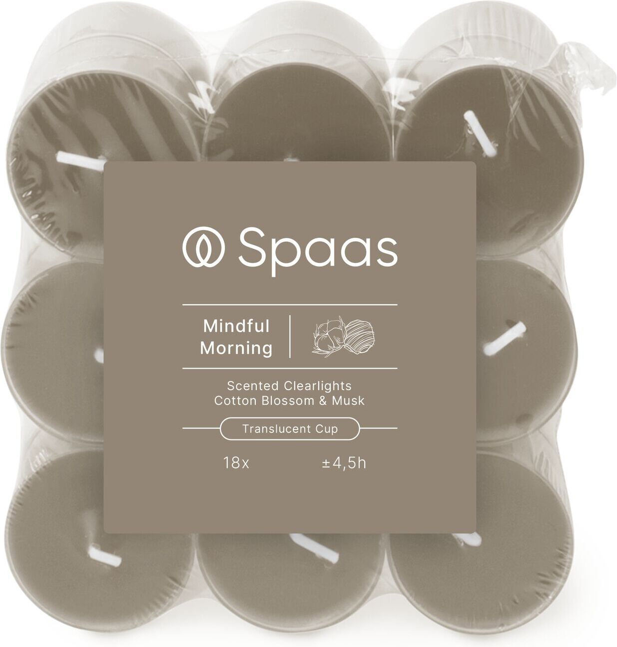 Spaas geurkaars Essential collection Mindful Morning taupe 4,5 uur D 3,5 H 1,6 cm 18 stuks