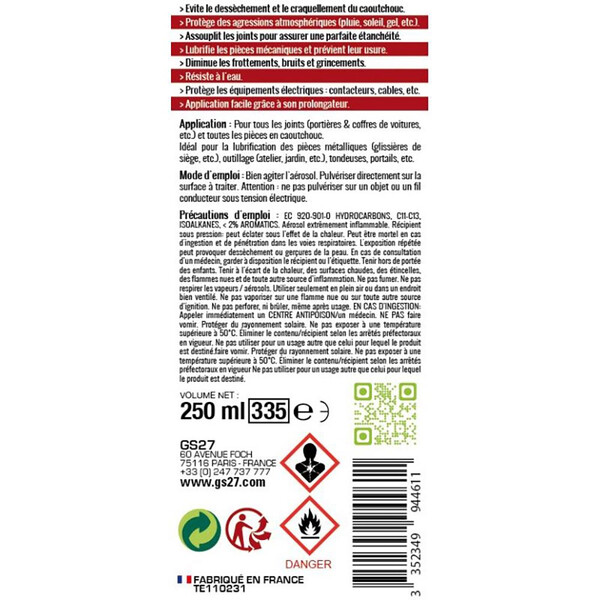 GS27 - Lubrifiant silicone antifriction 250 ml