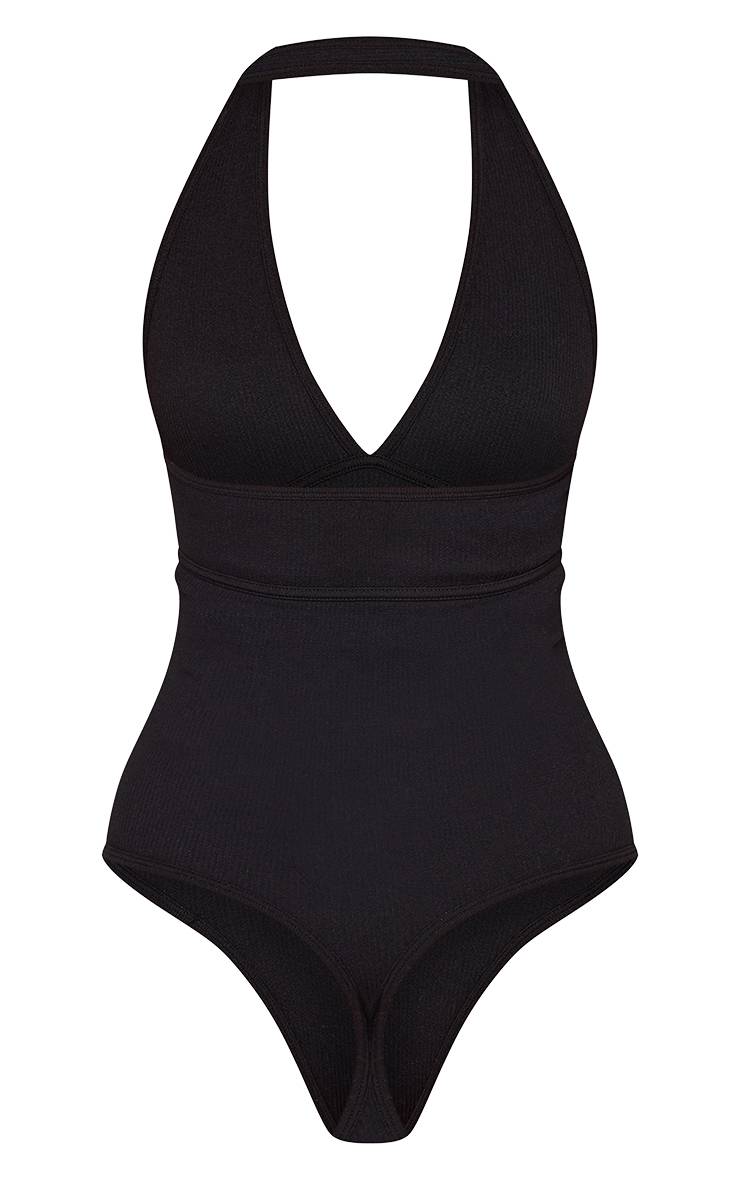 Noir Body Côtelé Contour Dos Nu À Encolure Américaine