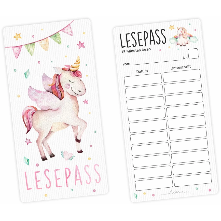 Nikima Lesepass Einhorn Lesezeichen zum lesen üben Grundschule 10-100 Stück 100 Stück