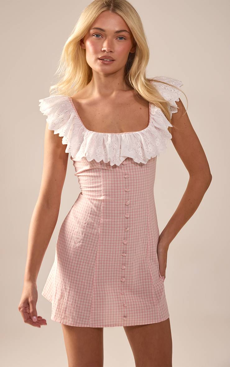 Rose Bébé Robe Mini À Carreaux Vichy Rose Avec Détails Broderie Anglaise Blanche
