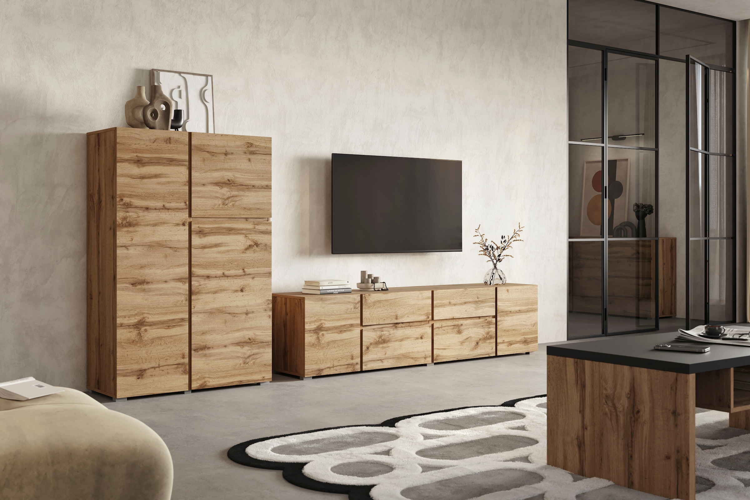 GOODproduct Lowboard »Metric,Breite 195cm, grifflose Lowboard 2Klappen/2Schubkästen/2Tür« TV-Schrank mit viel Stauraum, TV-Board