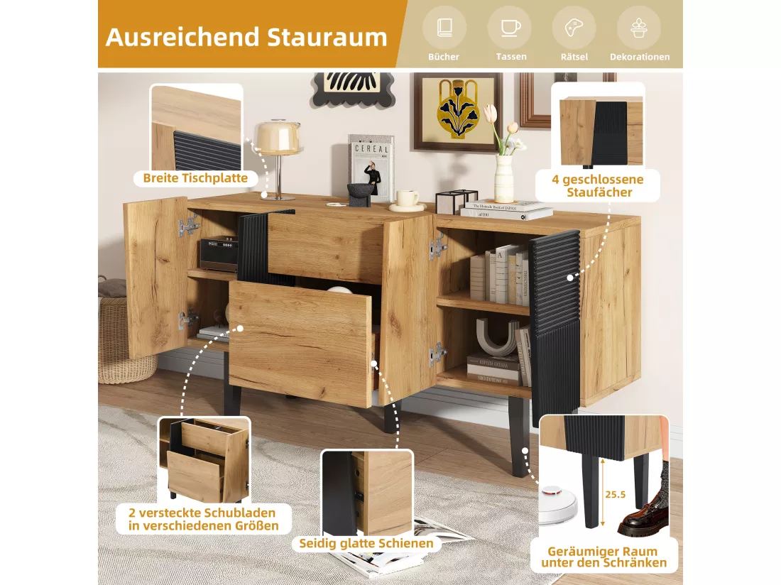 Buffet avec 4 portes et 2 tiroirs, meuble TV - 140 x 40 x 70 cm - Panneaux de particules et pieds en bois massif - Chêne