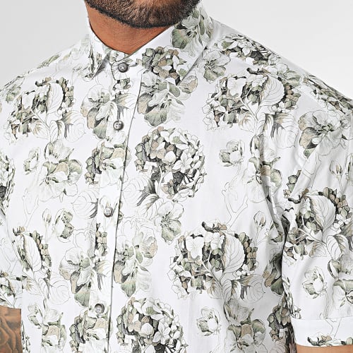 Chemise Manches Courtes Blanc Vert Kaki Floral