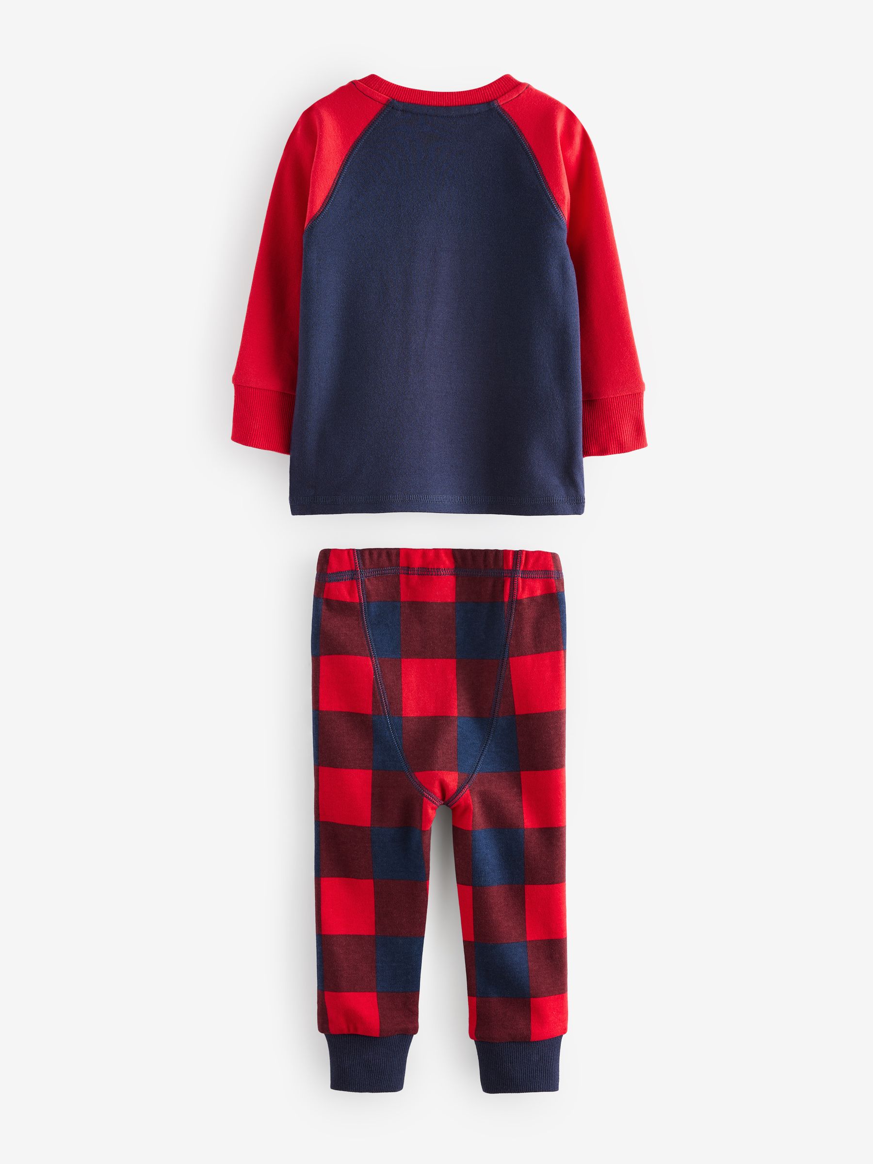 Marineblauw/rode kerstman met ruiten - 100% katoenen kerstpyjama (9 mnd - 12 jr)