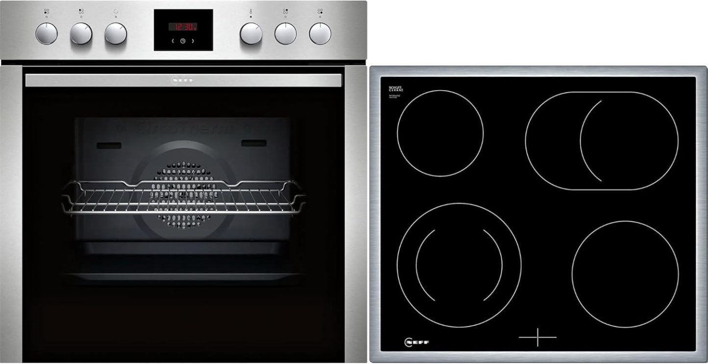 NEFF EDX442, Set bestehend aus E1ECD0AN0, N 30, Einbauherd mit CircoTherm, 60 x 60 cm, Edelstahl und M13R42N2, N 50, herdgesteuertes Elektrokochfeld, 60 cm, Schwarz, mit Rahmen aufliegend