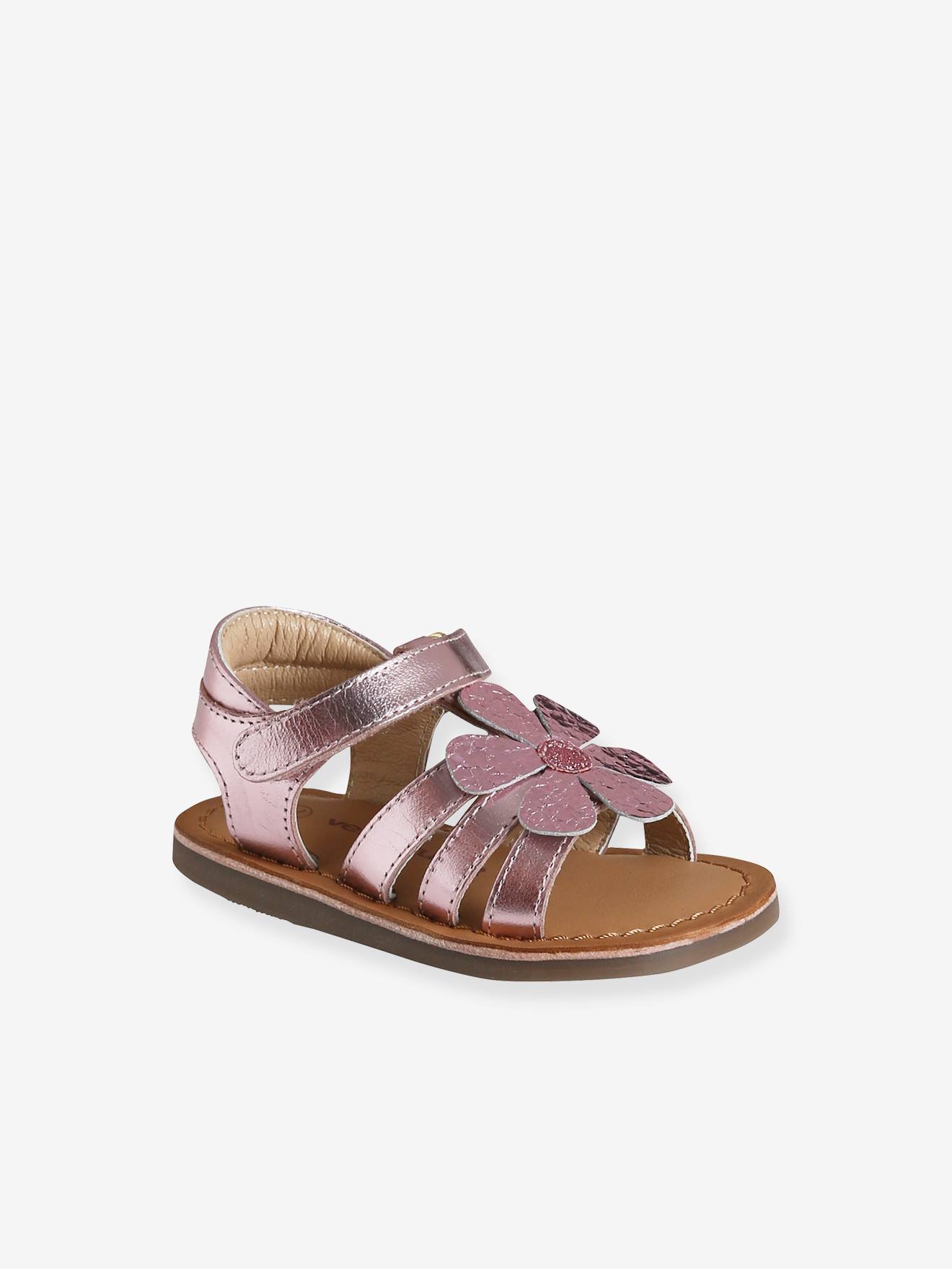 Sandálias de couro rosa com fecho de velcro para bebê menina