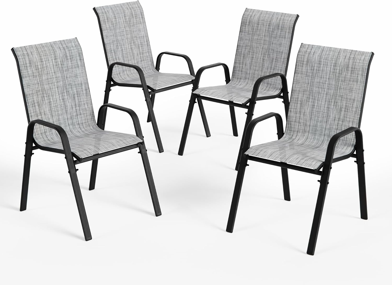 ALAULM Hochlehner Gartenstühle 4er Set Stapelbar, Wetterfeste Terrassenstühle mit Armlehnen, Atmungsaktives Textilene & Stahlgestell für Garten, Balkon, Terrasse, Poolbereich (Grau)
