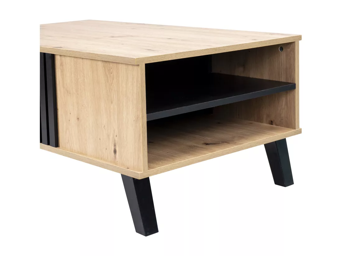 Table basse rectangulaire industriel effet bois et noir rangement 3 cotés 100x60x43cm TRONNEALL