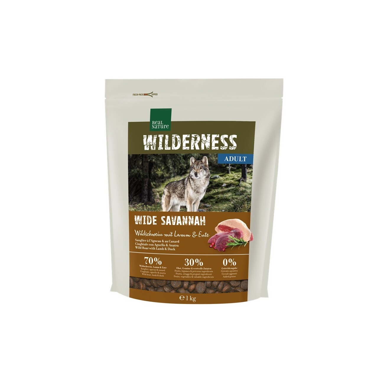 REAL NATURE WILDERNESS Trockenfutter Hund, Adult, Wide Savannah Wildschwein mit Lamm und Ente 1 kg