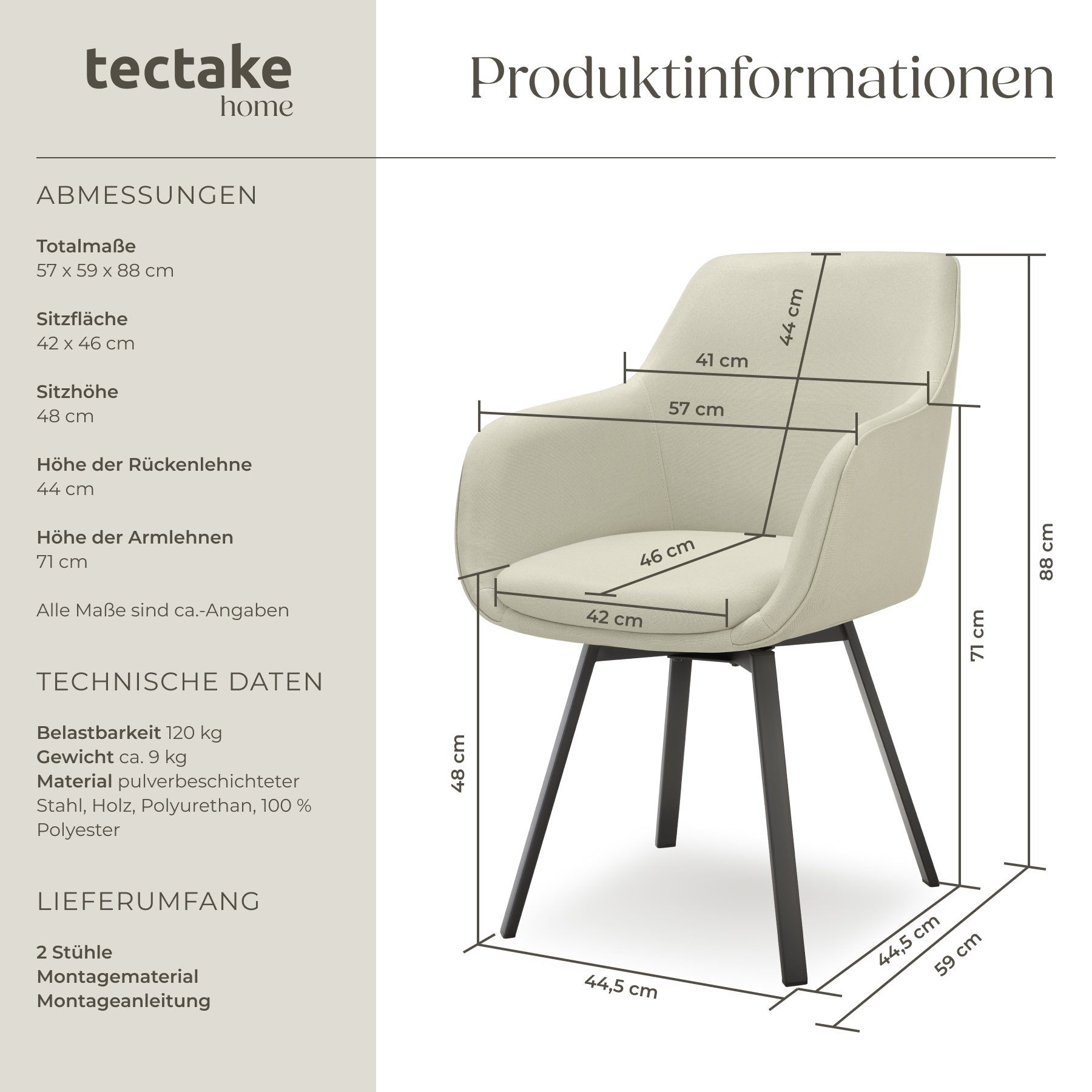 tectake® Drehbarer Armlehnstuhl , gepolstert, 360° drehbar, pulverbeschichtete Stahlbeine, 57 x 59 x 88 cm