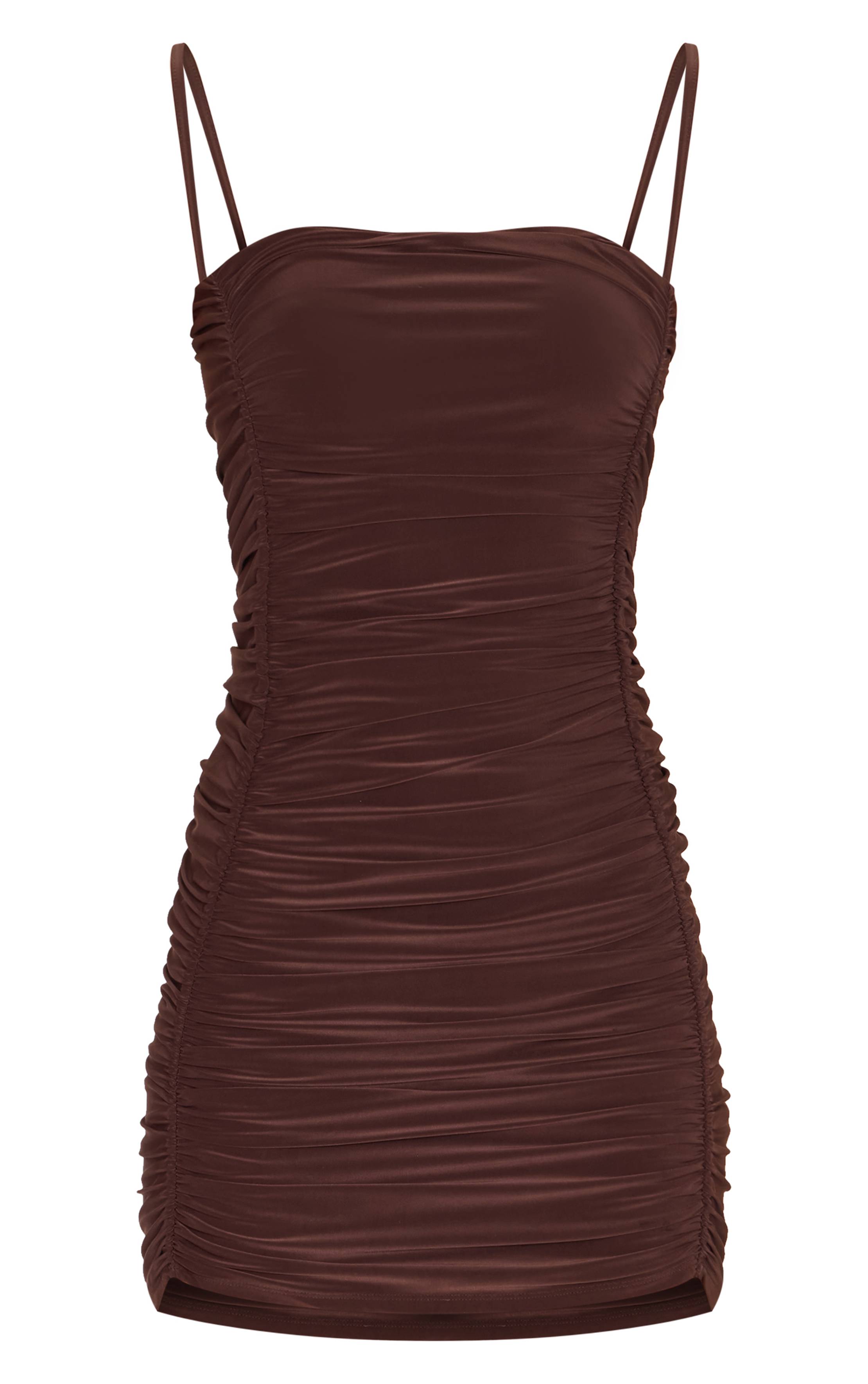 Chocolate Brown Robe Moulante En Tissu Satiné À Bretelles Torsadées Et Coutures Froncées
