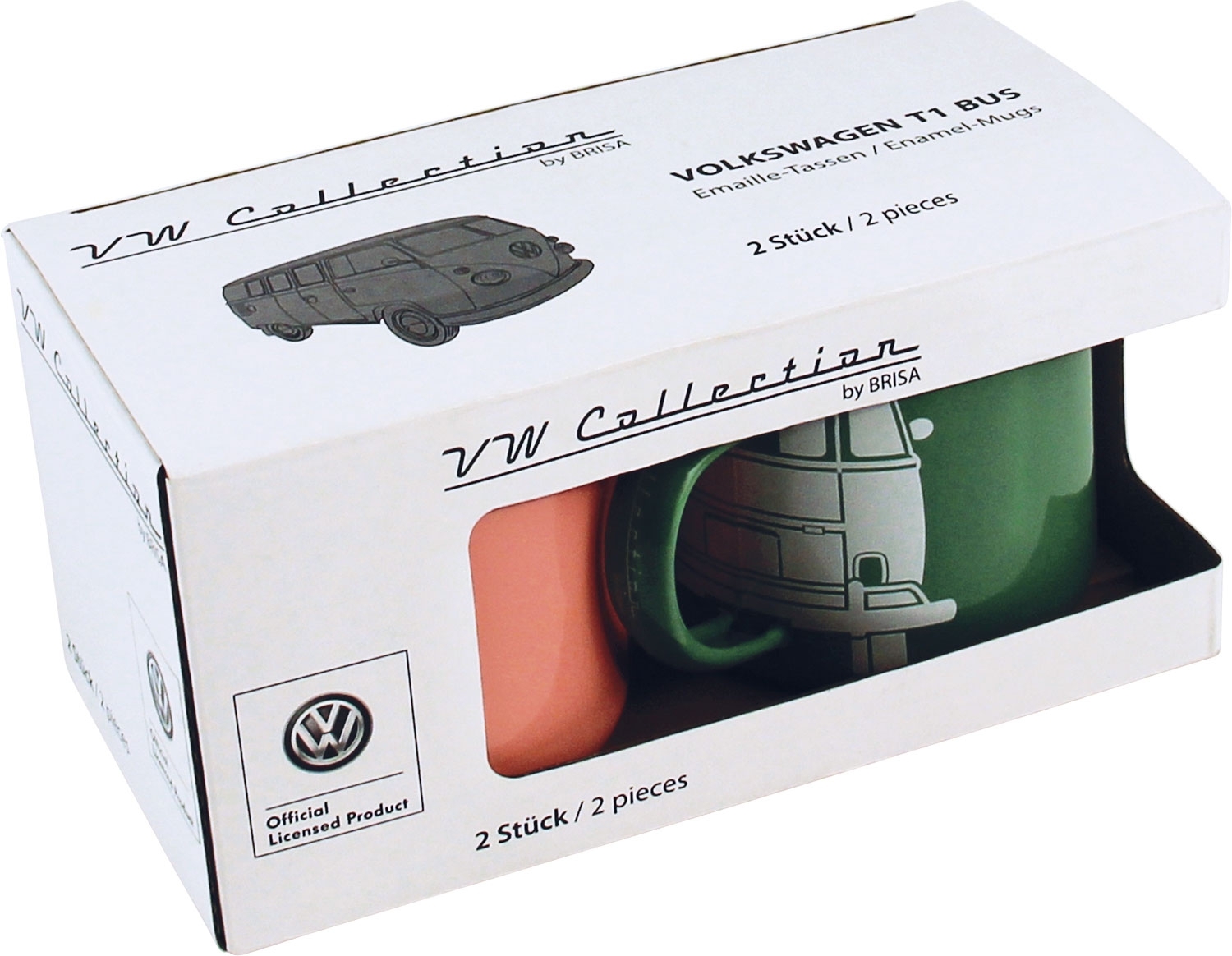 VW Collection T1 Bus Emaille Tassen Set 2 Stück 350 ml Grün / Rosa