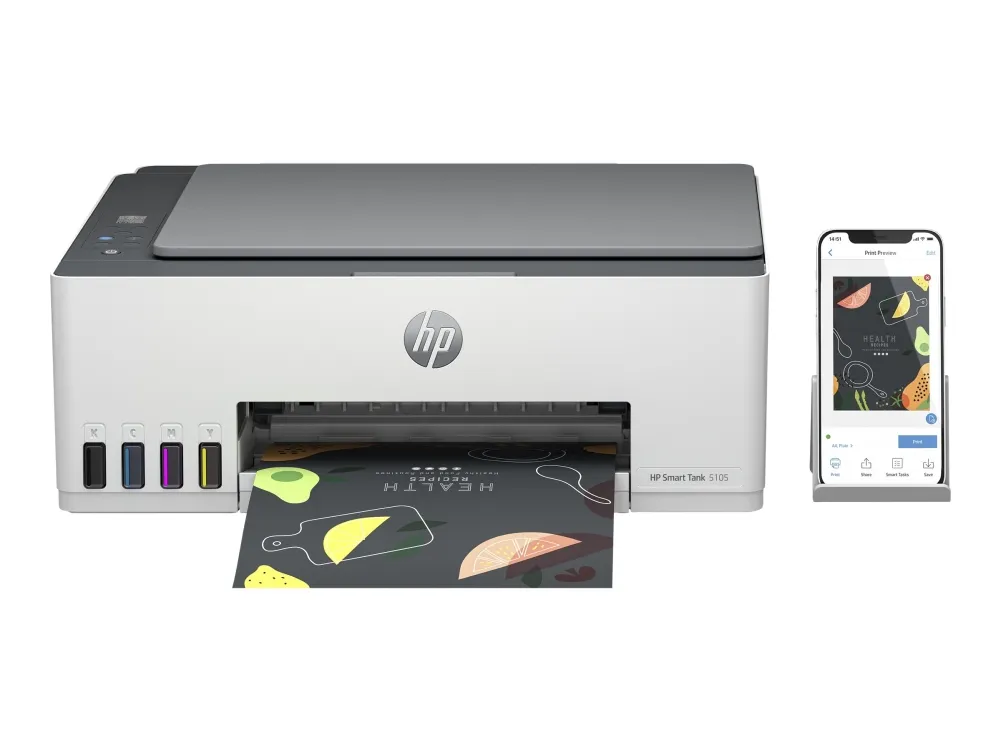 HP Smart Tank 5105 All-in-One - Multifunktionsprinter - farve - blækprinter - kan genopfyldes - Legal (216 x 356 mm) (original) - A4/Legal (medie) - op til 10 spm (kopiering) - op til 12 spm (udskriver) - 100 ark - USB 2.0, Wi-Fi(n), Bluetooth - lys