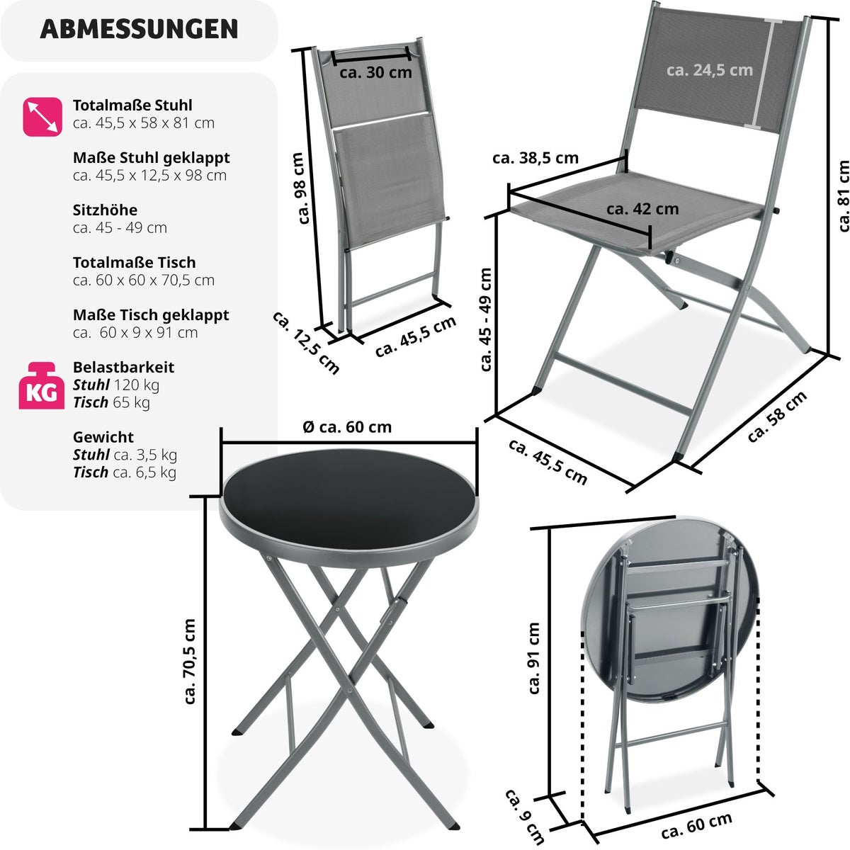 tectake Düsseldorf opvouwbare bistroset voor 2 personen, tafel met blad van veiligheidsglas