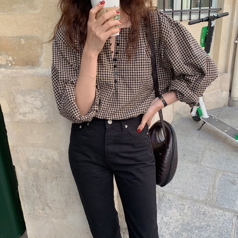HYAKU - Blouse met lange mouwen, kraag en ruitmotief