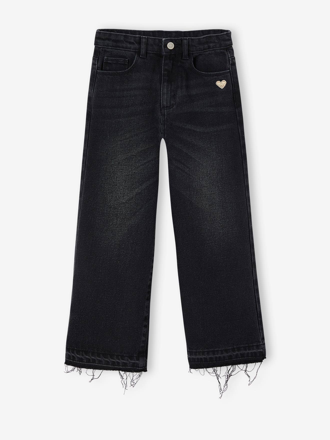Calça jeans de perna larga com barra desfiada para meninas, jeans azul