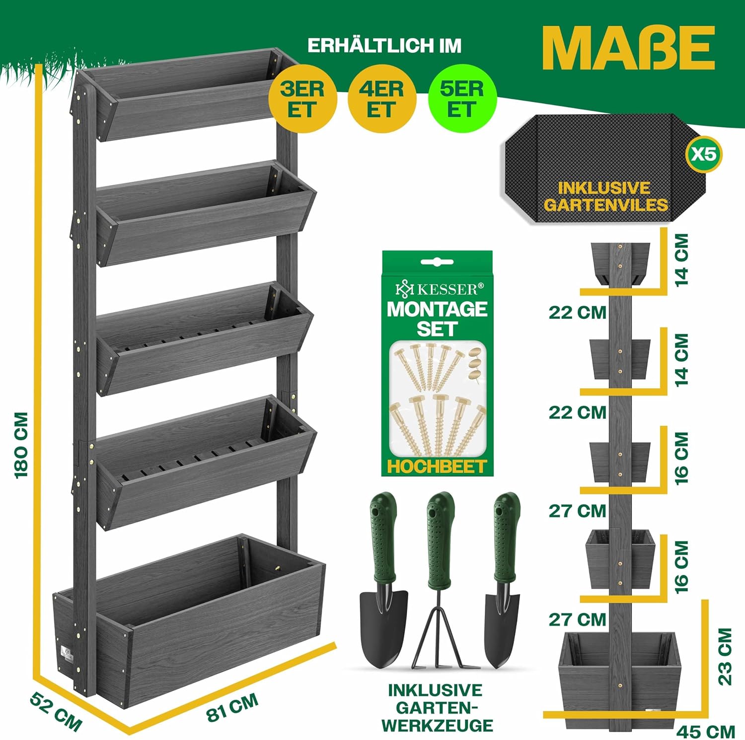 KESSER® Hochbeet mit 5 Etagen Premium Blumenkasten Blumentreppe Pflanztreppe Gemüsebeet Kräuterbeet Pflanzkübel Frühbeet Blumenbeet Pflanzkasten mit Gartenvlies - Beet inkl. Schaufelset, Anthrazit