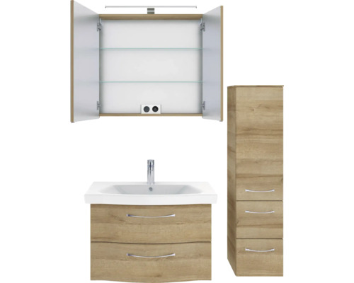 Pelipal Sunline 114 badkamermeubelset, BxHxD 112 x 200 x 46 cm, frontkleur: Riviera eiken, 4-delige badkamermeubelset met witte keramische wastafel en badmeubel, spiegelkast met LED-verlichting, wandkast