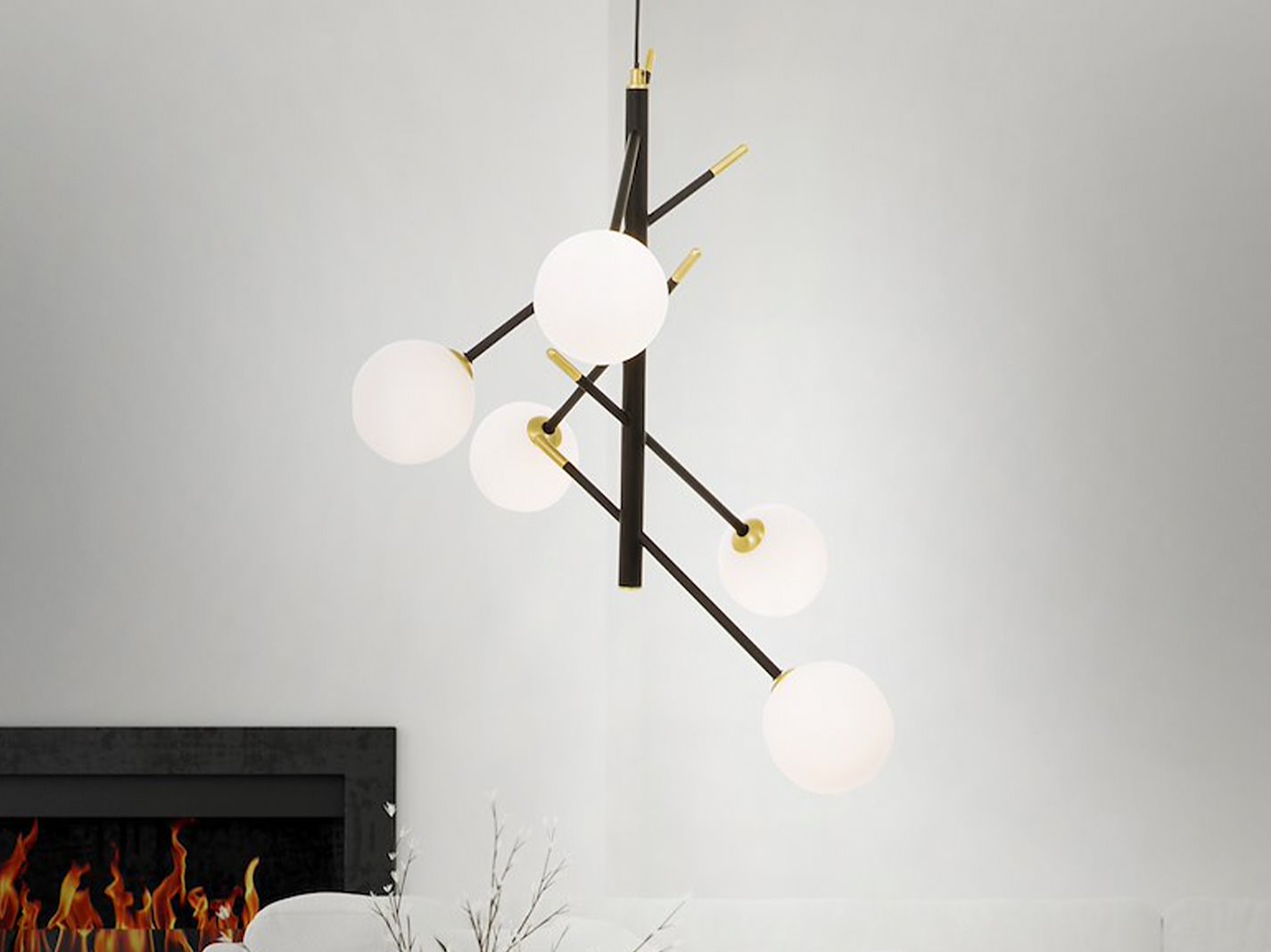 Akrobat taklampe Sort med 5 skjermer i opalhvit glass.