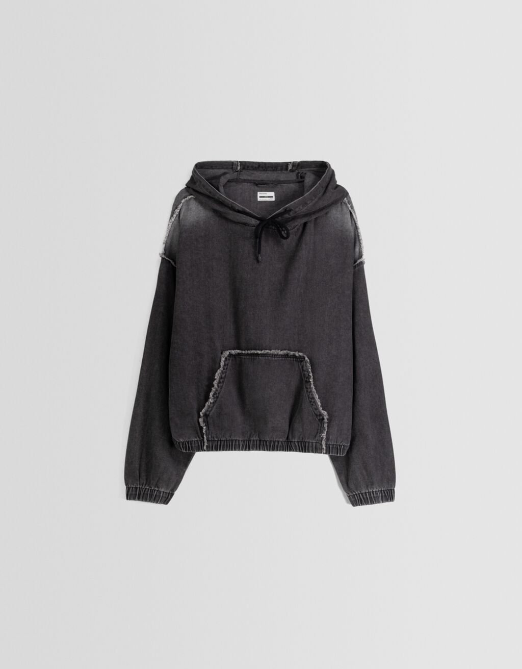 Moletom jeans com capuz e efeito desbotado e modelagem quadrada