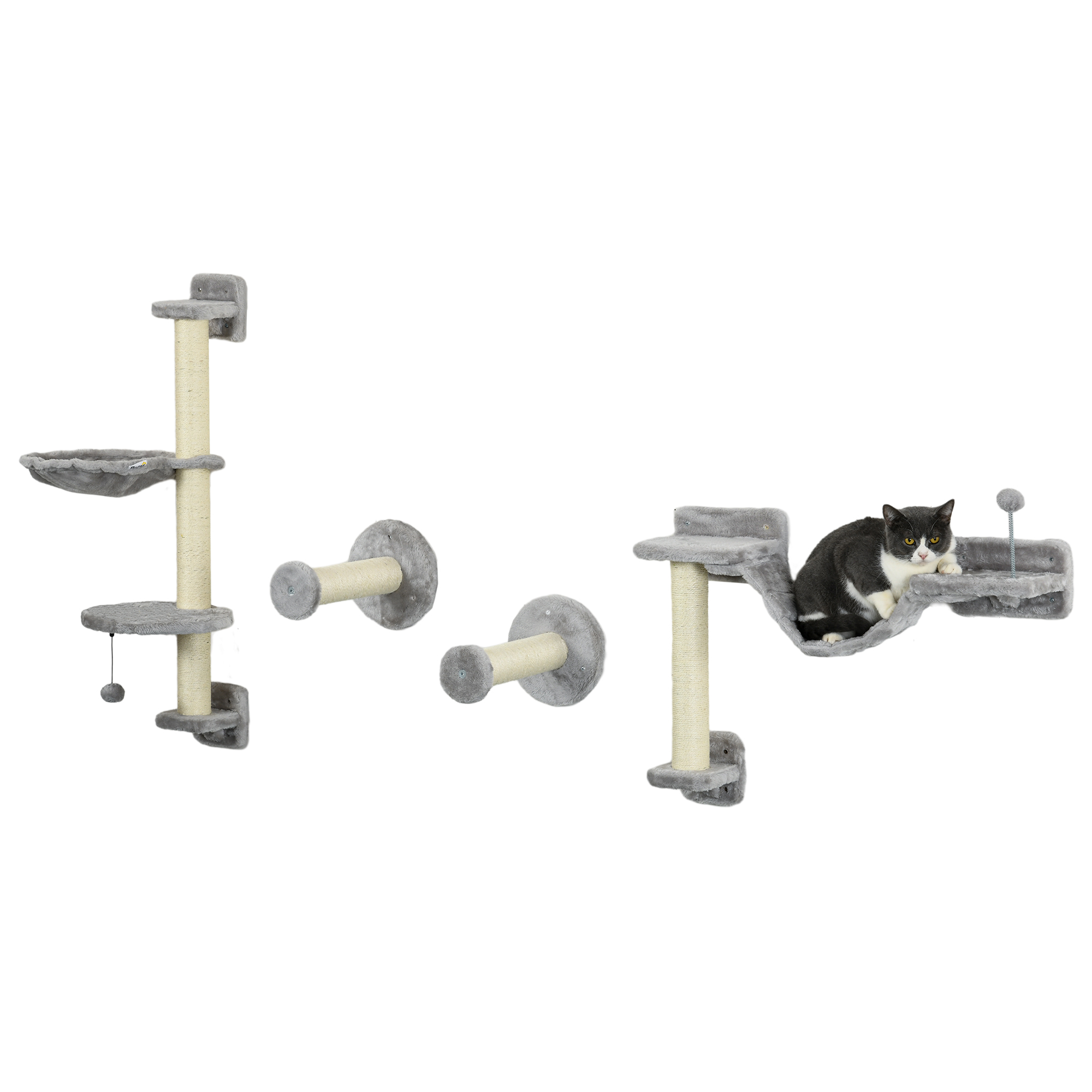 Conjunto de prateleiras de parede PawHut para gatos, com 4 peças, incluindo rede, plataformas de salto, poste de sisal e escada, 84,5 x 19 x 54 cm, cinza e bege.