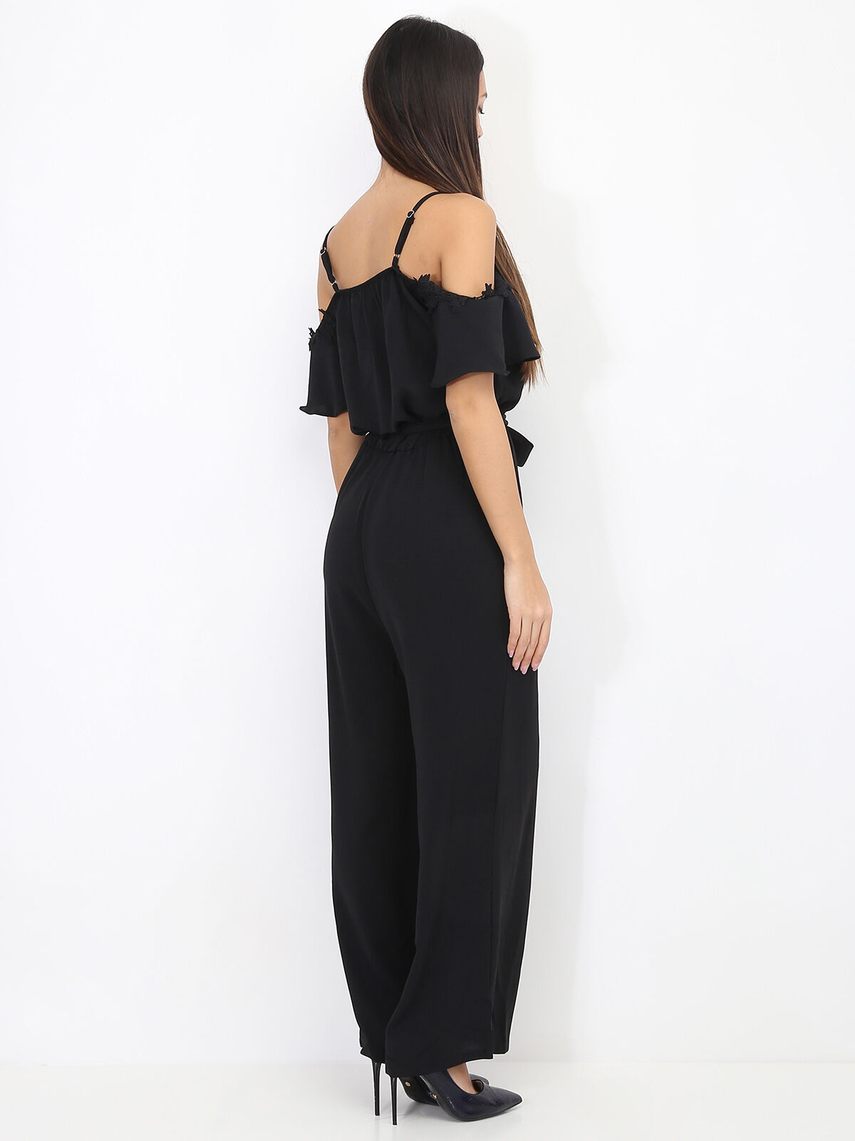 Combinaison ceinturée avec détail broderie- Noir