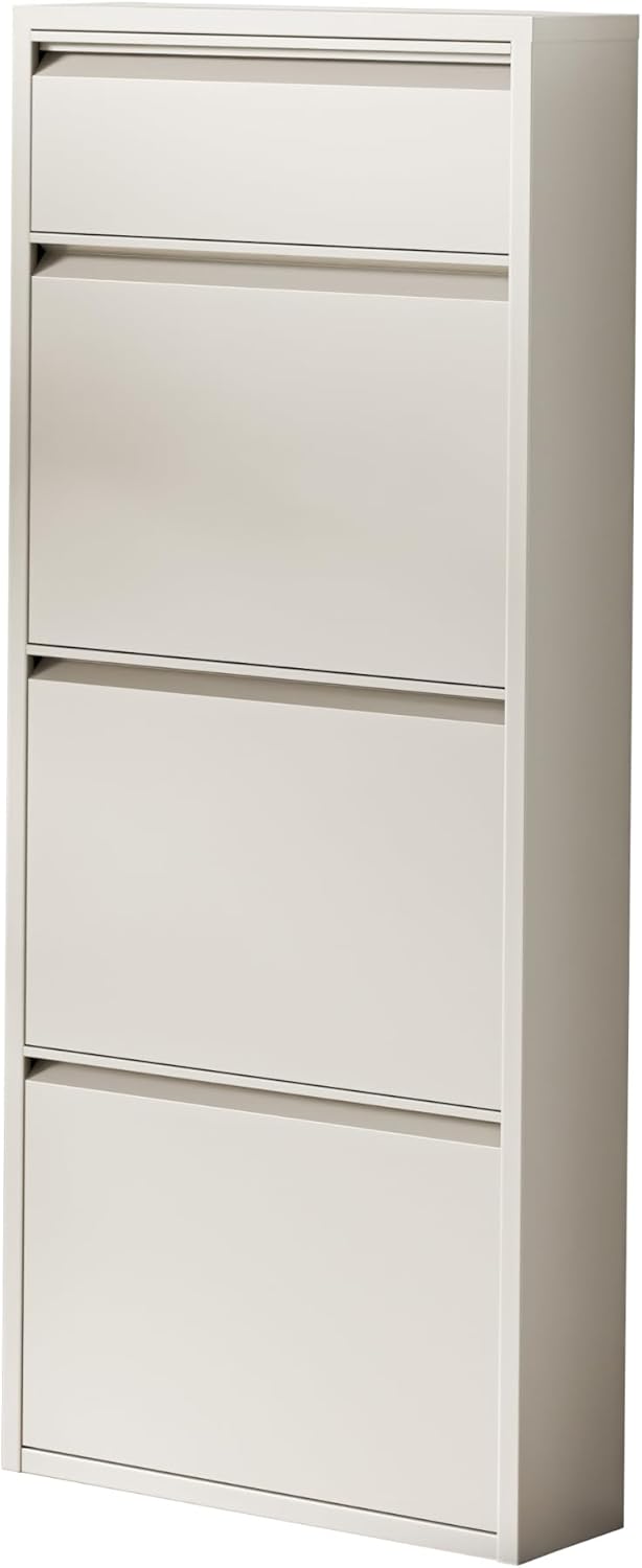 [en.casa] Schuhschrank Sokndal Schuhkipper mit 4 Klappen Metall Schuhkommode für 6 Paar Schuhe 118 x 50 x 15 cm Pfefferweiß