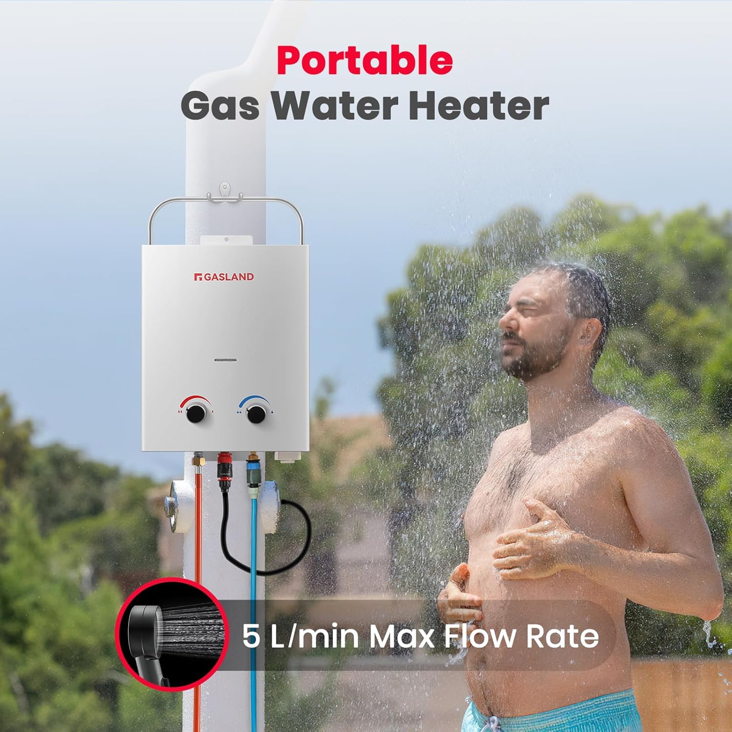 GASLAND AS132 Pro Tragbarer Gas-Durchlauferhitzer, 28-30mbar(Butan) oder 37mbar(Propan), 5L lpg Gas-Wassererhitzer mit Wasserpumpe und Rohrsieb für RV Camping Dusche Waschen Pferd