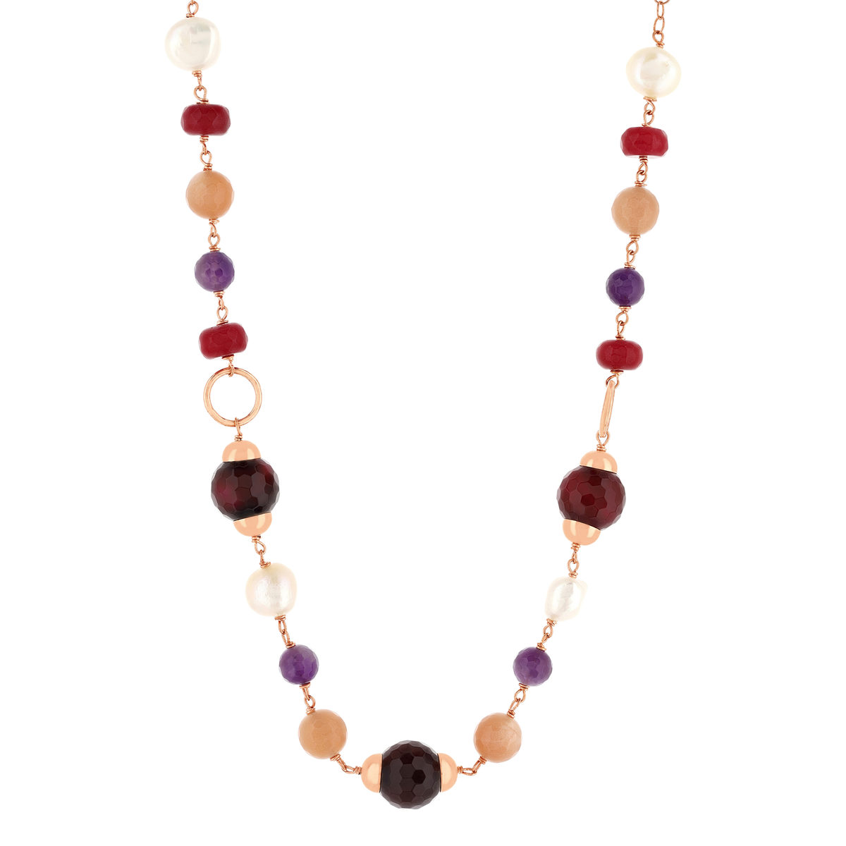 Collier argent 925 rose améthystes agates perles de culture Chine pierre de lune 43 à 50 cm