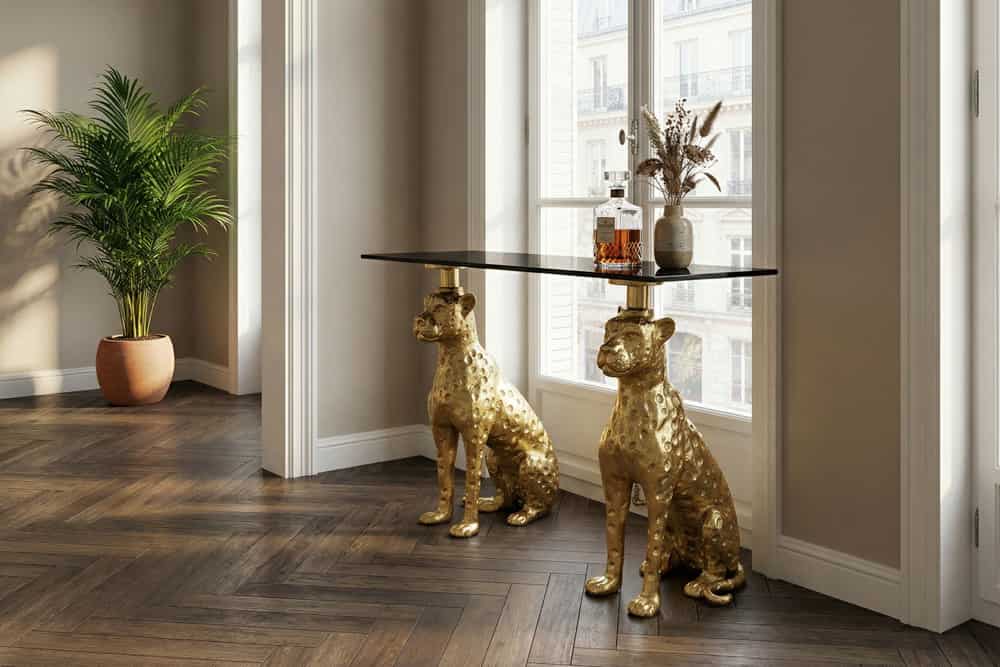 Freistehender Konsolentisch PANTHER 115cm gold Metall mit Marmor-Platte handmade