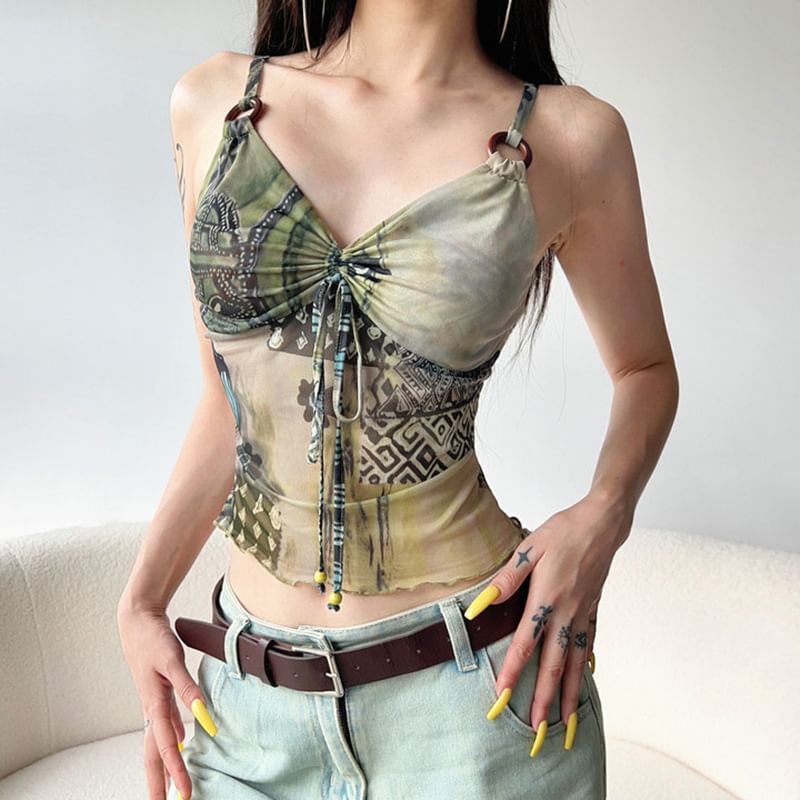 PolkaBella - V-hals camisole top met trekkoord en patroon