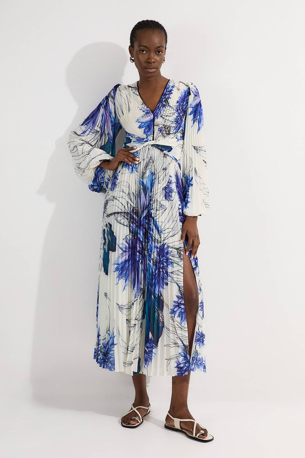 KarenMillen Robe maxi longue tissée à imprimé fleuri, manches ballon, plissée, effet froissé et découpes