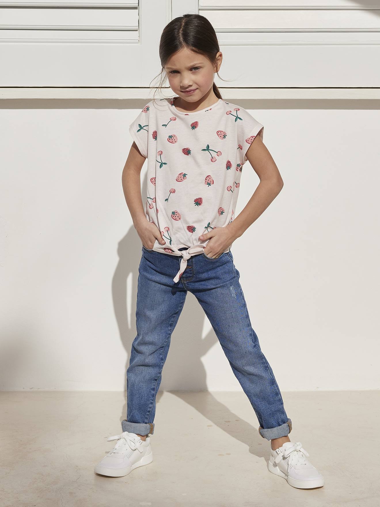 Camiseta estampada com laço elegante, para meninas, cor off-white
