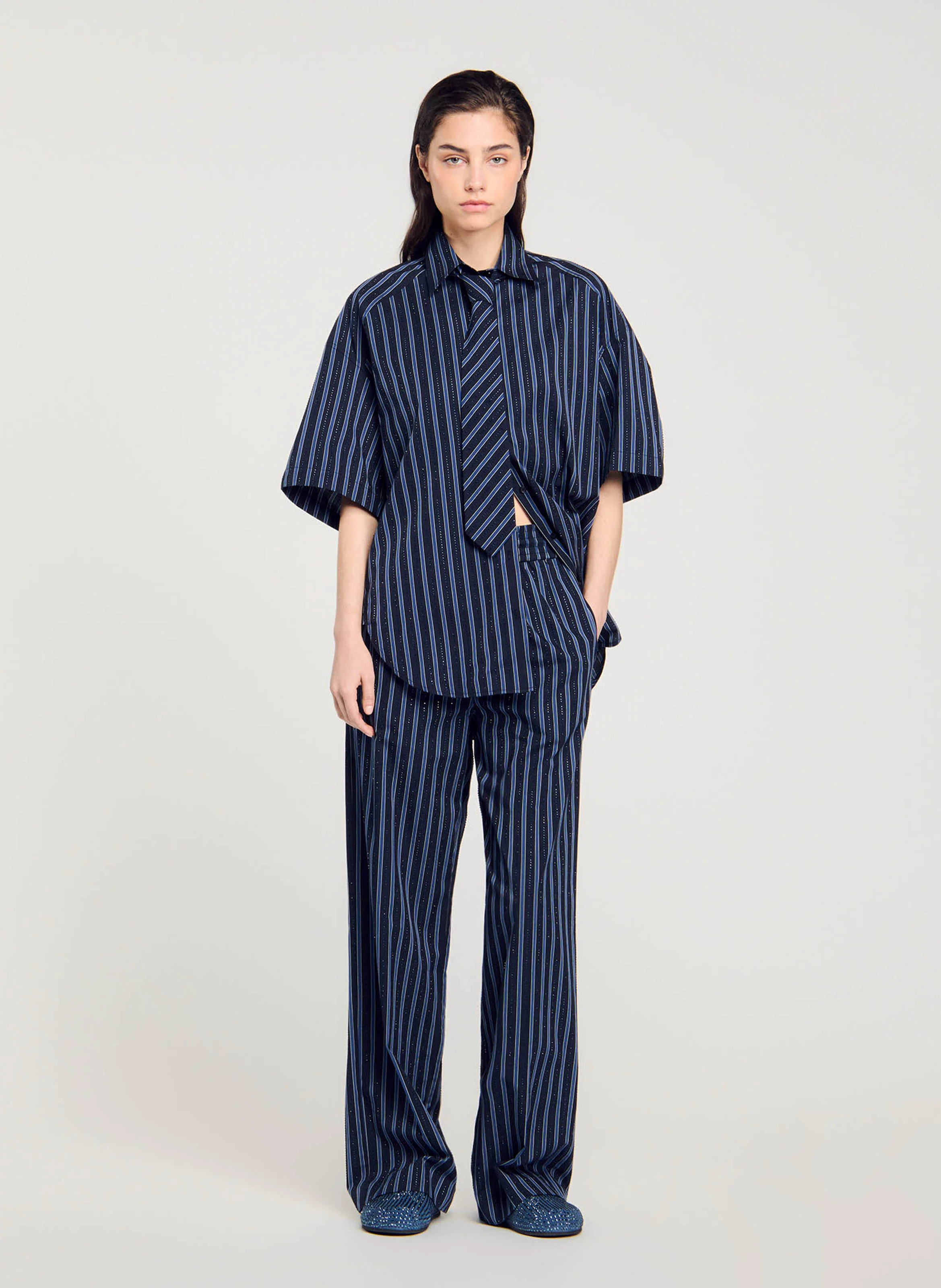 Chemise ample en coton strassé à cravate | Bleu