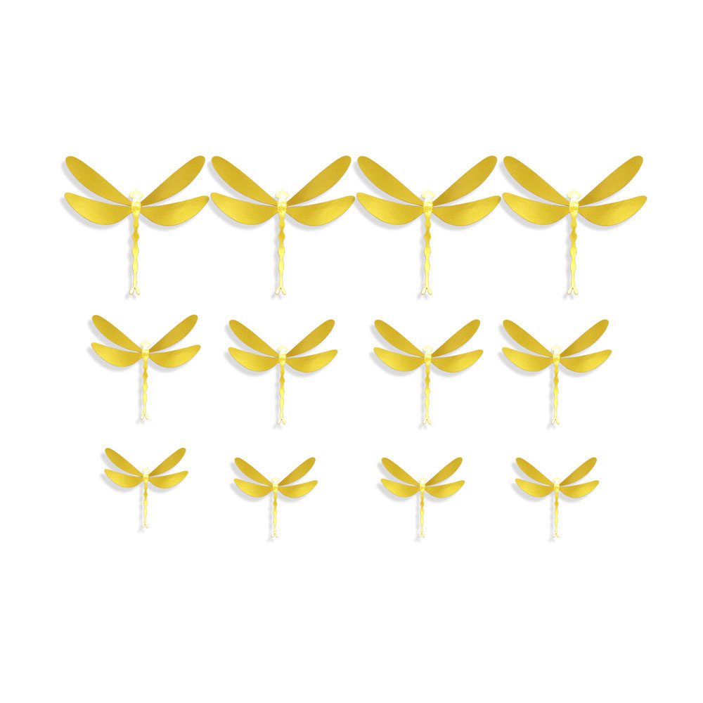 (12er Set) 3D Libellen Sticker Bastel Aufkleber Home Deko für Wände / Geschenke - Gold